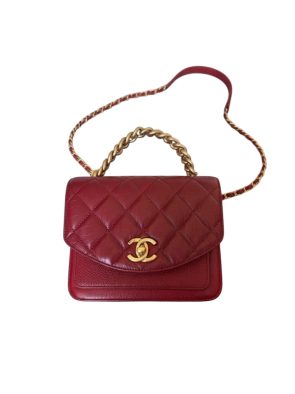 Pre-Owned Chanel Mini Quilted Calfskin & Caviar Chain Handle Flap Satchel – Red