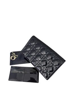 Pre-Owned Christian Dior Cannage Lady Dior Wallet on Chain – Blue Patent Leather – Excellent Condition